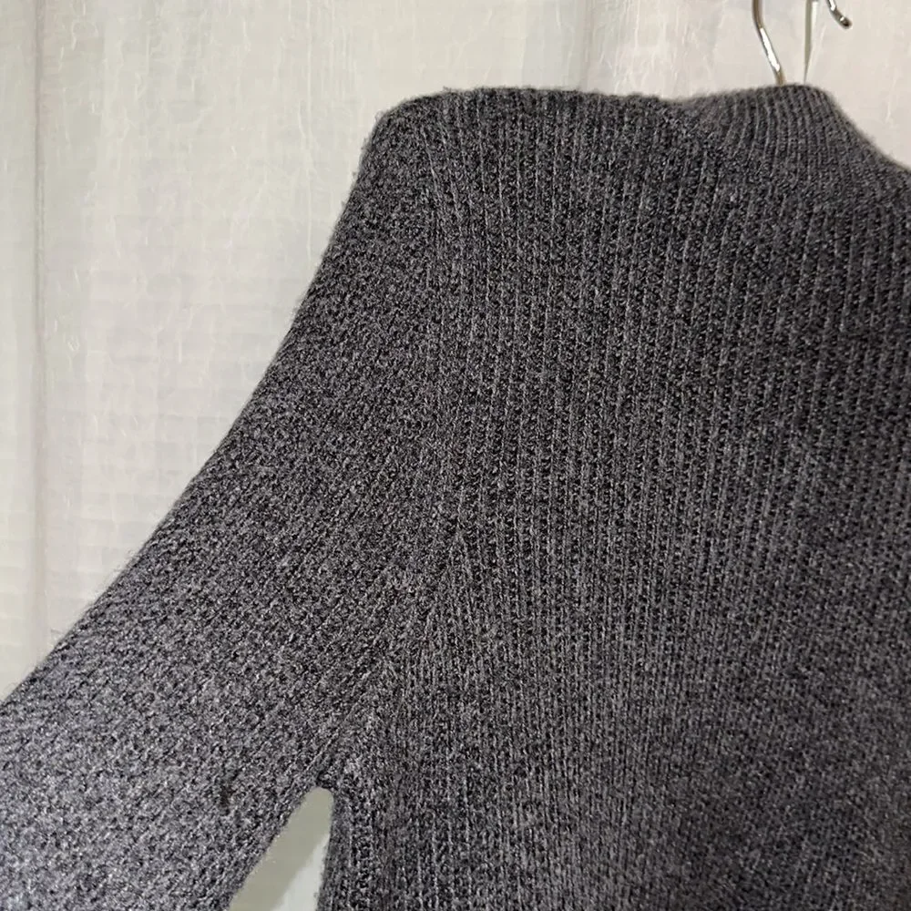 Halston M Charcoal Gray White Cotton Shirt Combo Knit Mock Neck Sweater